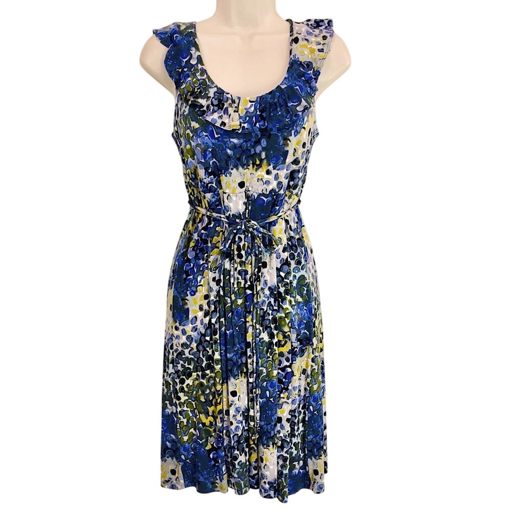 New York & Company Blue Green Fit & Flare Dress Figure Flattering Stretch Knit